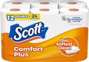 Scott ComfortPlus Toilet Paper. 12 Double Rolls. 231 Sheets per Roll. Septic-Safe. 1-Ply Toilet Tissue