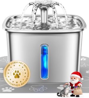 Veken Innovation Award Winner Stainless Steel Cat Water Fountain, 95oz/2.8L Automatic Pet Fountain Dog Water Dispenser with Replacement Filters & Silicone Mat, Gifts for Christmas, Cats, Dogs。