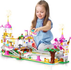 HOGOKIDS Girls Roller Coaster Building Set - 711 PCS Carnival Friends Pink Park Building Block Kit Rollercoaster Adventure Christmas Birthday Gift Toys for Kids Girls Boys Aged 6 7 8 9 10 11+
